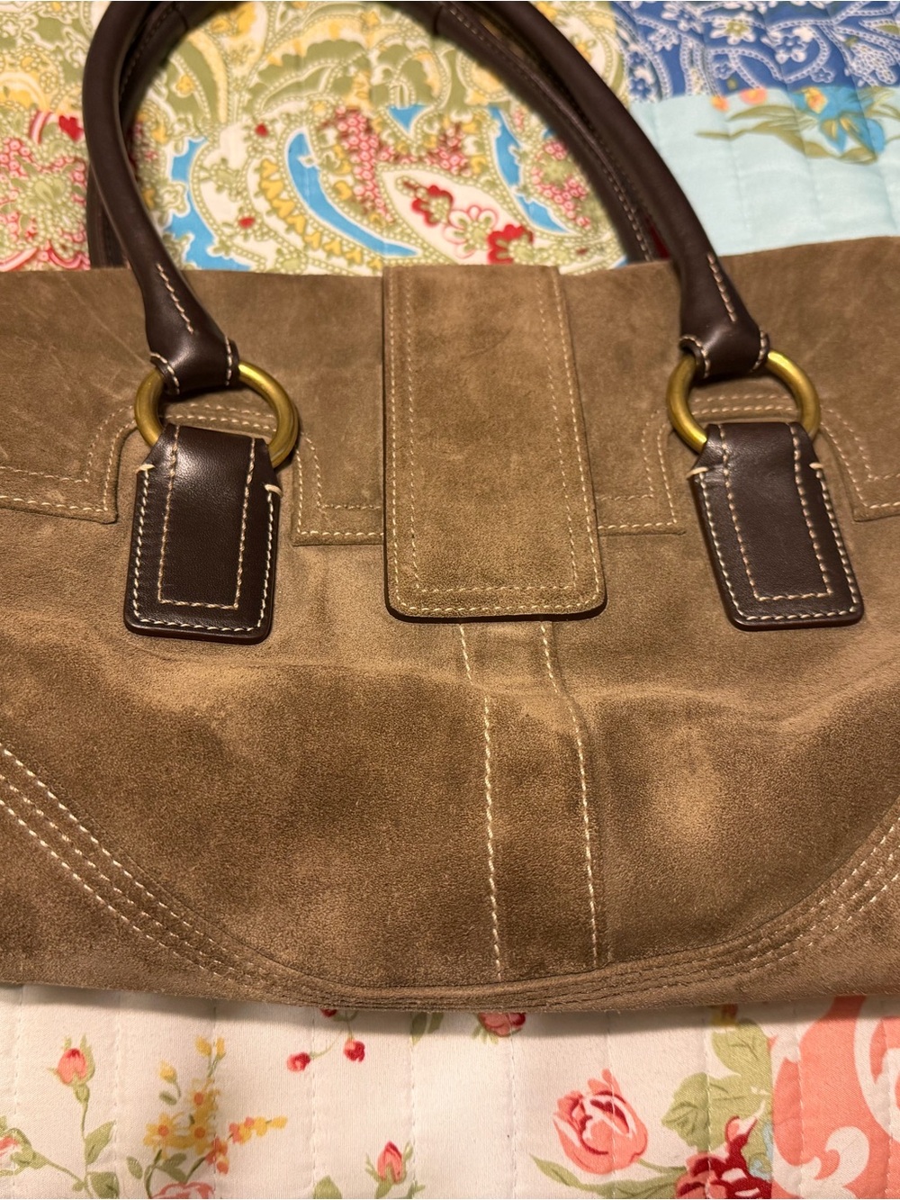Coach Brown Suede Shoulder Bag with Dark Brown Leather Trim & Gold Hardware - Picture 3 of 4